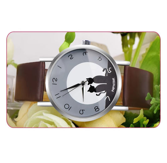 New Fashion Lovely Cat Pattern Casual Leather Band Watches Women Wristwatches Quartz Watch Clock