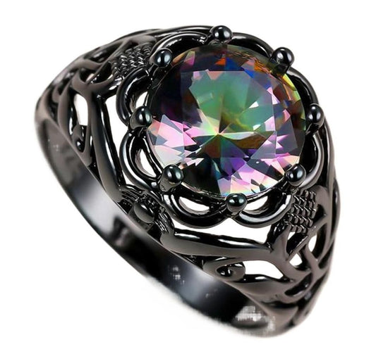 Luxury Rainbow Flower Ring for Women – Vintage Black Gold Color Zircon Wedding & Engagement Ring | Elegant Floral Hollow Design