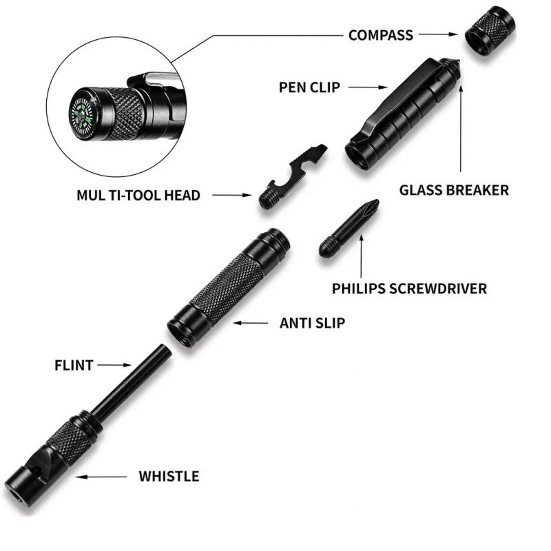 Pen Emergency Metal Tool Survival Kit Compass Whistle Camping Hiking Outdoor Emergency fire starter Screw Driver Cuter etc. the perfect gift for him A One