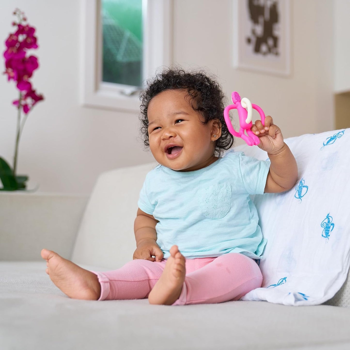 Matchstick Monkey, Original Teether & Gel Applicator, Silicone, Easy To Grip, BPA Free, 3 Months Old+, 10.5 cm, Light Blue and pink  Monkey