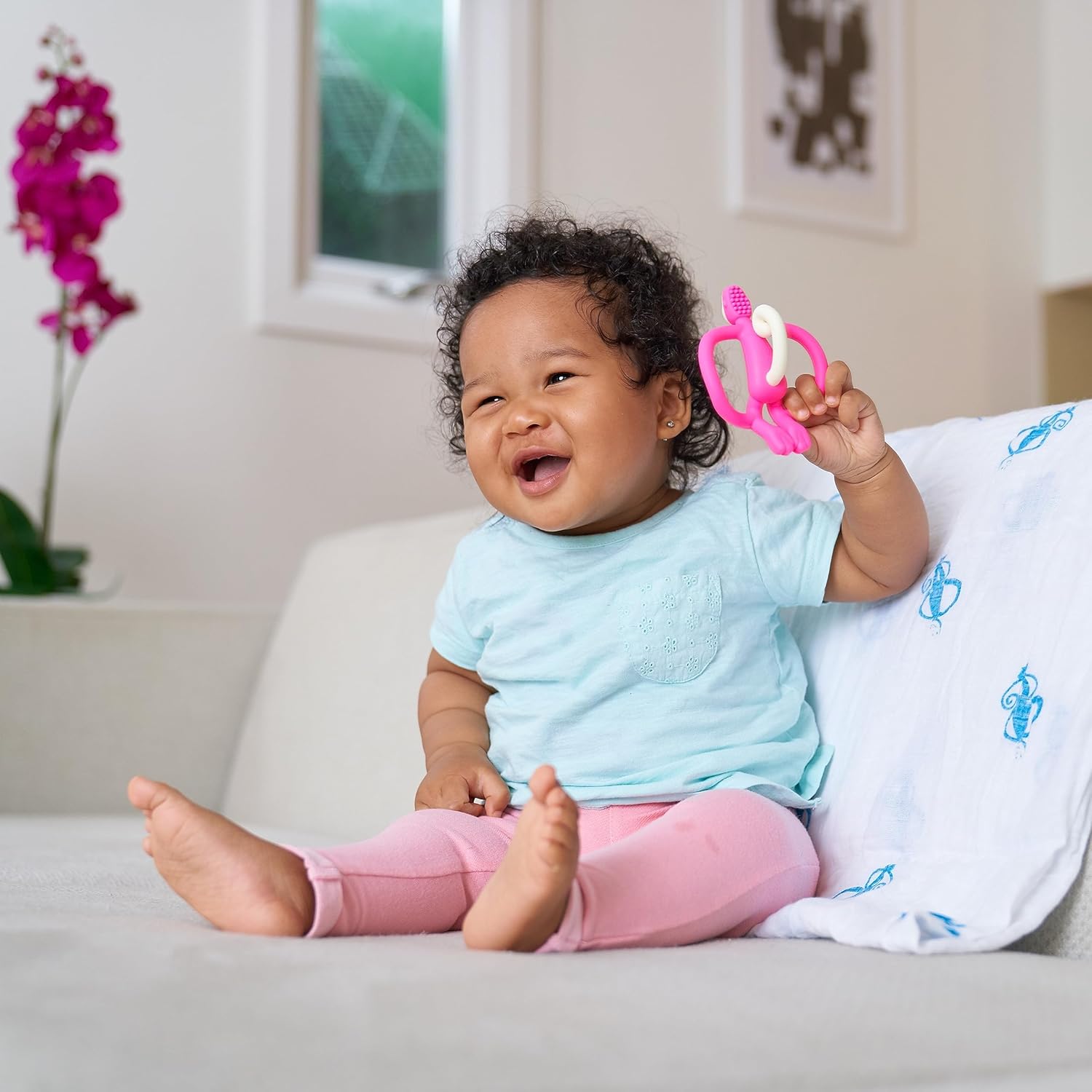 Matchstick Monkey, Original Teether & Gel Applicator, Silicone, Easy To Grip, BPA Free, 3 Months Old+, 10.5 cm, Light Blue and pink  Monkey