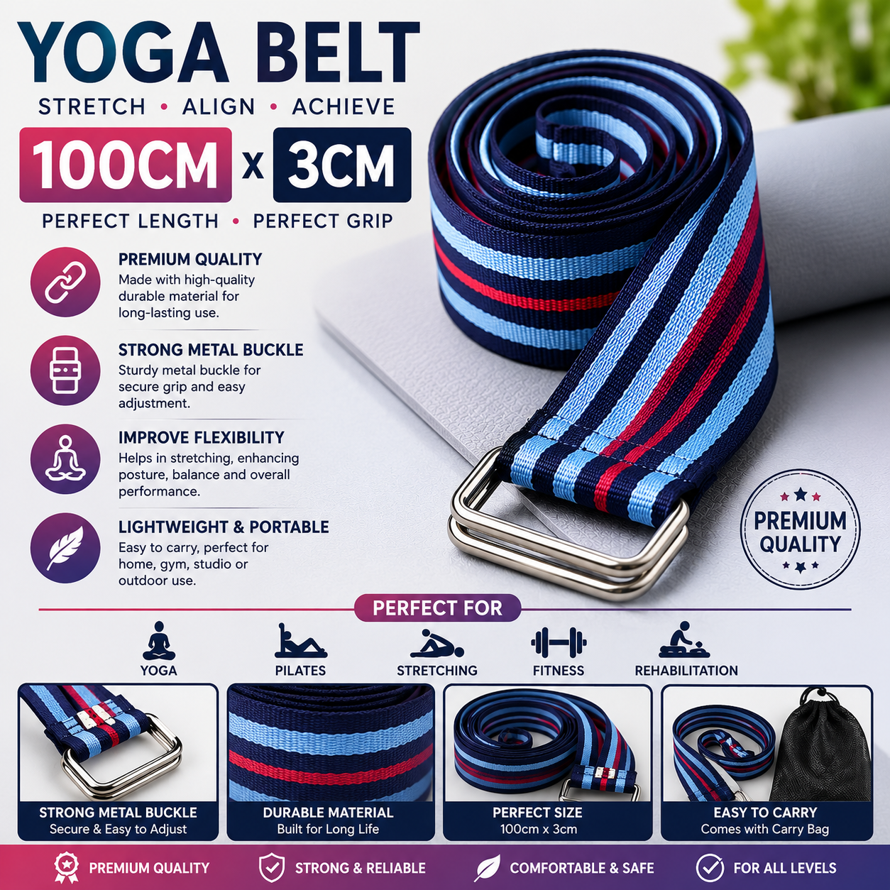 Yoga Stretch Belt 100cm x 3cm – Premium Quality Yoga Strap with Metal Buckle – Adjustable Exercise Stretching Belt for Yoga, Fitness & Flexibility Training