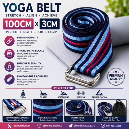 Yoga Stretch Belt 100cm x 3cm – Premium Quality Yoga Strap with Metal Buckle – Adjustable Exercise Stretching Belt for Yoga, Fitness & Flexibility Training