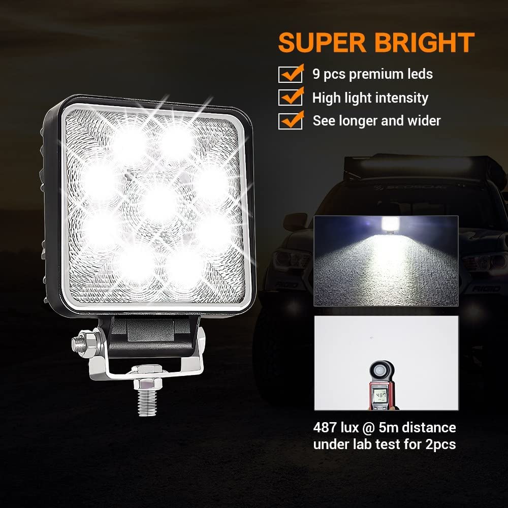 4 Inch LED Lights Square LED Work Lights 27W Flood Beam Driving Lights Off Road Lights LED Light Bar 12V 24V