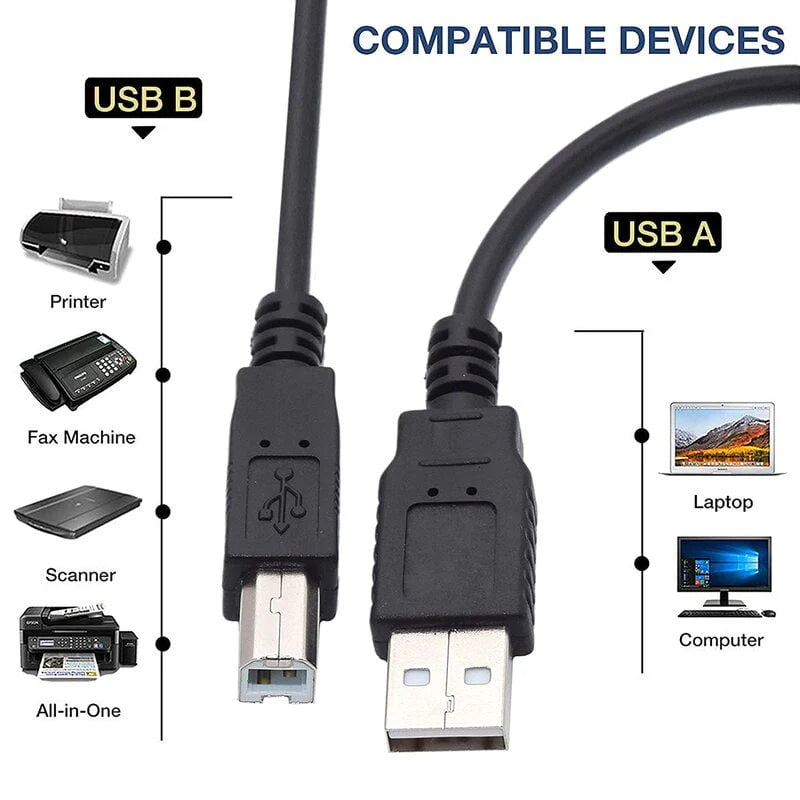 USB Printer Cable USB 2.0 A to B – High-Speed Data Transfer Lead for Printers & Scanners – Compatible with HP, Epson, Brother, Canon, Samsung & More – Black