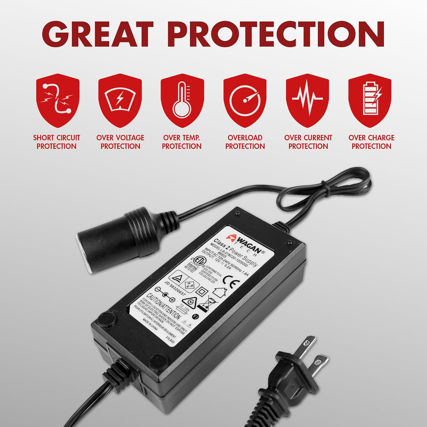 AC 100-240V to DC 12V 5A (60W) Power Adapter with Female Car Cigarette Lighter Socket – AC to DC Converter