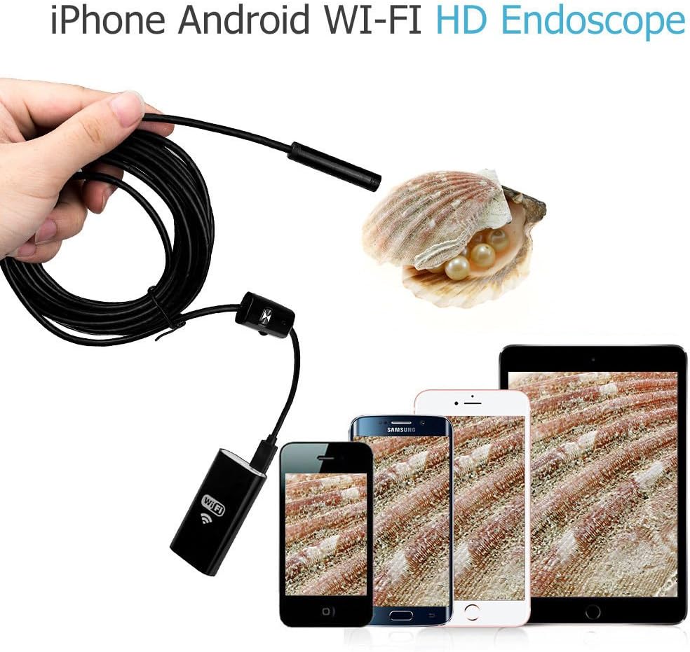 2M WiFi Inspection Camera – 8mm Lens • 5m Rigid Cable • 2.0MP HD • IP67 Waterproof • 6 LEDs • iPhone/Android/PC Compatible