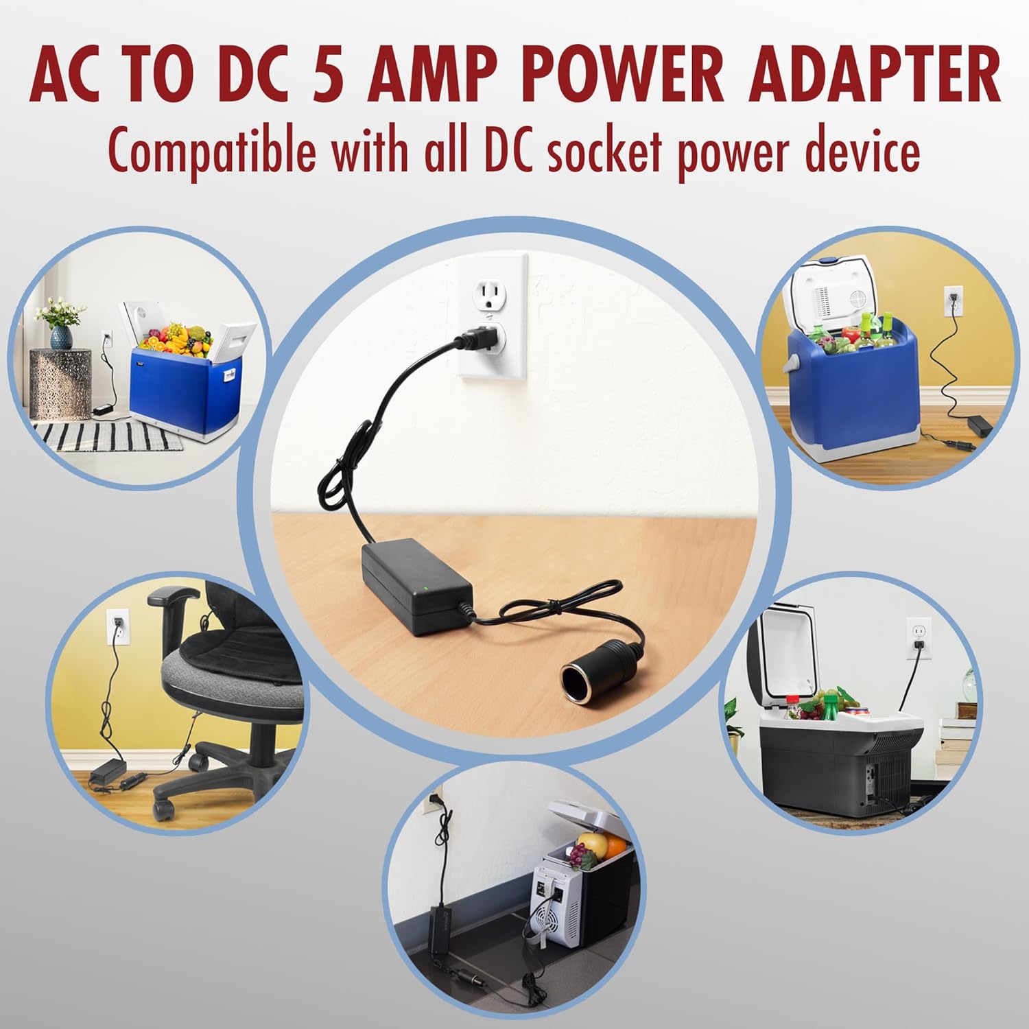 AC 100-240V to DC 12V 5A (60W) Power Adapter with Female Car Cigarette Lighter Socket – AC to DC Converter