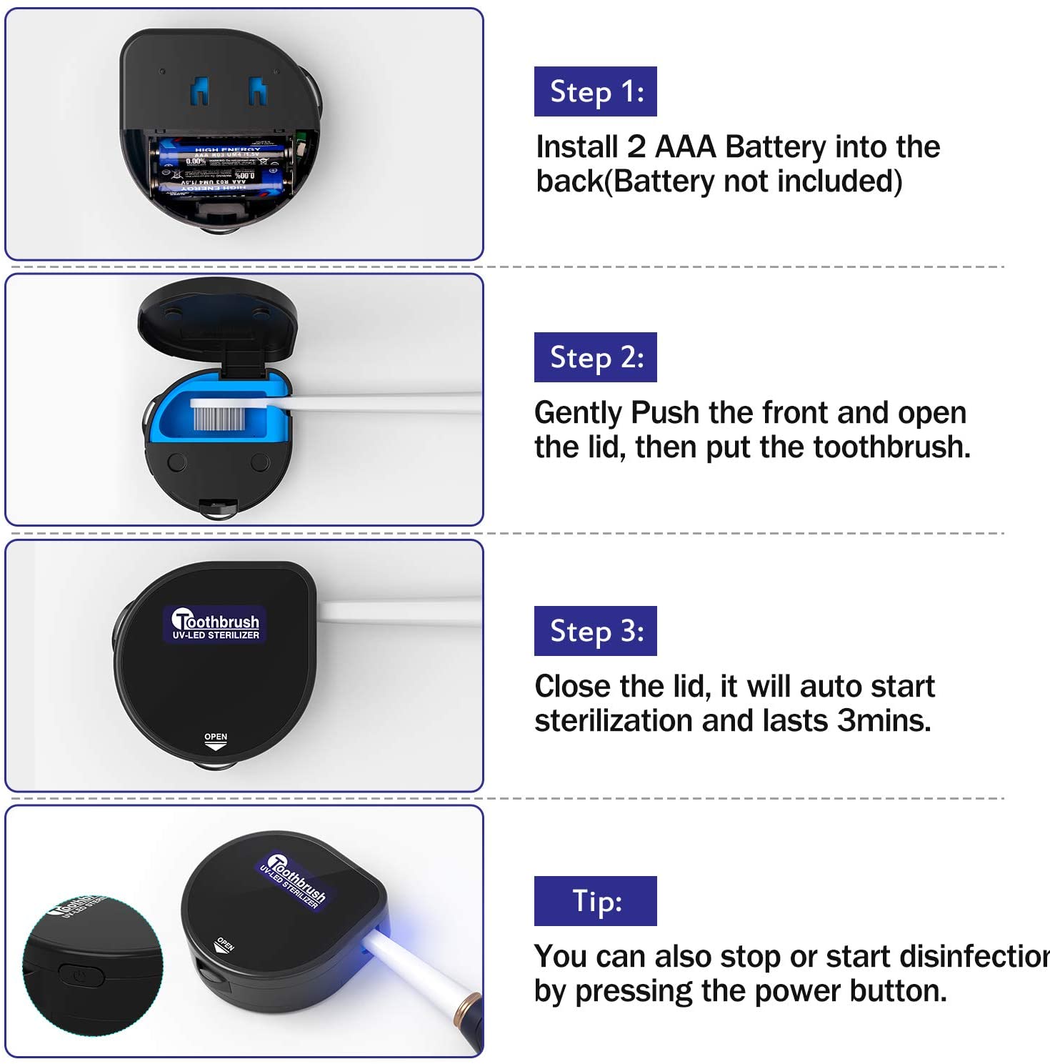 UV Toothbrush cover,Toothbrush sterilizer Case, Wall Mount Toothbrush Case Both Electric and Manual Toothbrushes, for Home and Travel (Black) EPA Est.NO.97123-CHN-1