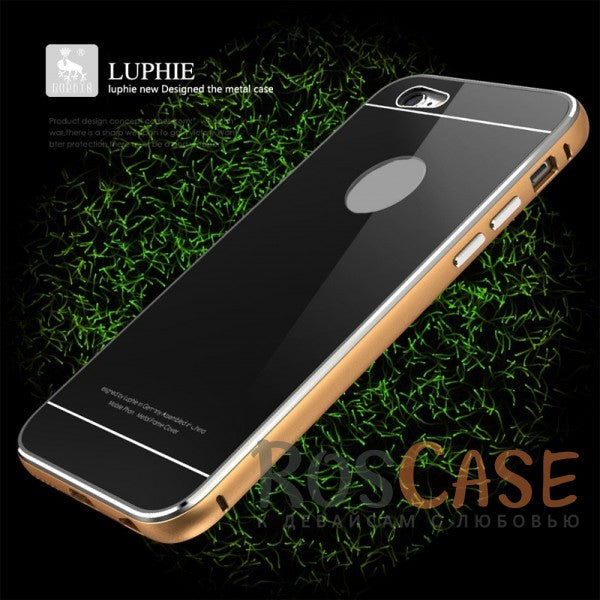 LUPHIE Metal Frame Metal Bumper Back Cover Case for iPhone 6/6s with Glossy Panel (Gold / Black)