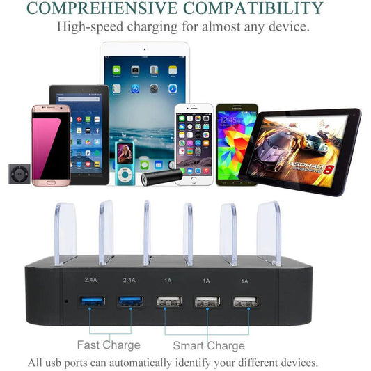 Charging Station 5 Port Usb Charger Quick Charge Charging Dock Cell Phone Charger Multi Port Usb Desktop Charging Station for Multiple Devices Multi Device Charging Station for phone pad Tablet
