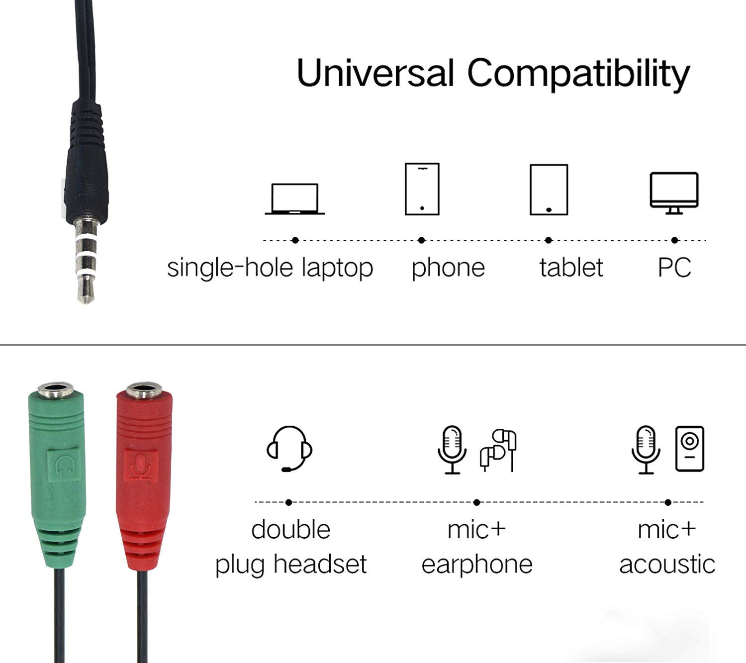 3.5mm Headphone & Mic Audio Y Splitter Cable – PC/Laptop Jack Splitter (Red/Green), Dual Audio Adapter for Headset & Microphone