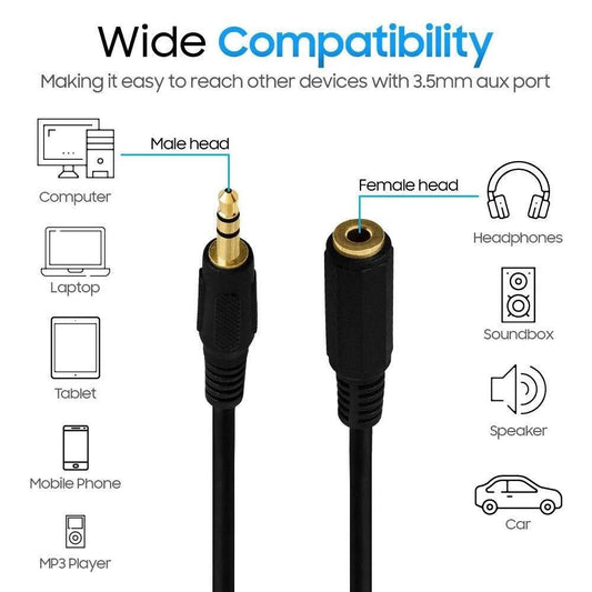 3.5mm Stereo Male to Female Audio Extension Cable – Headphone Jack Extender for Mobile, Laptop & AUX Devices