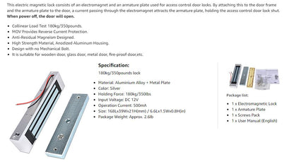 🔐 180KG / 350 lbs Single Door Magnetic Door Lock  DC 12V | High-Strength Access Control Magnetic Lock