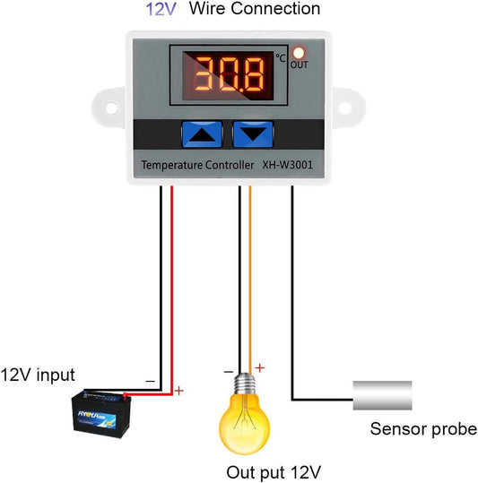 Digital LED Temperature Controller Module, XH-W3001 Thermostat Switch with Waterproof Probe, Programmable Heating Cooling Thermostat (12V 10A 120W