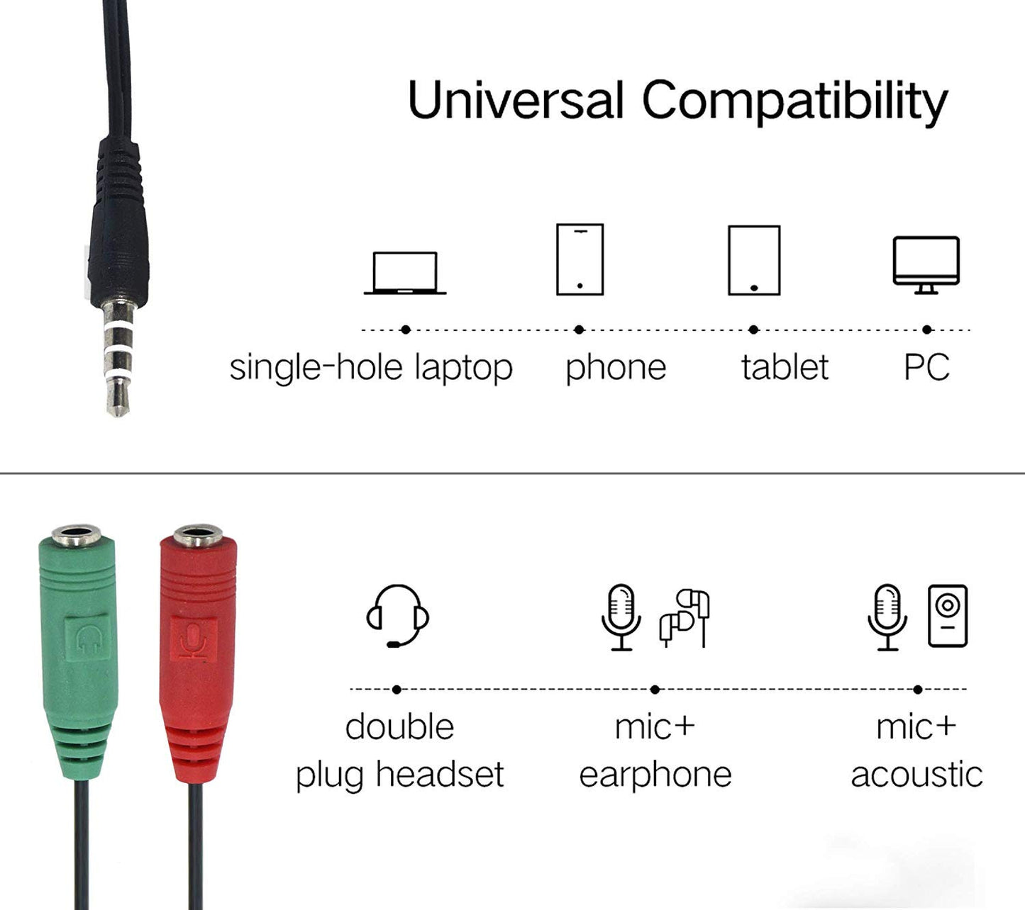 3.5mm Headphone & Mic Audio Y Splitter Cable – Dual Jack Adapter for PC/Laptop (Red/Green)