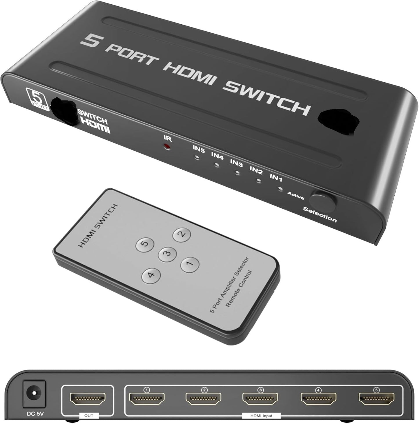 HDMI Switch 5 in 1 Out with Push Button, IR Remote & Power Adapter – 5 Port HDMI Switcher Selector Box with Amplifier, HDCP, DTS Dolby 7.1 Audio Support