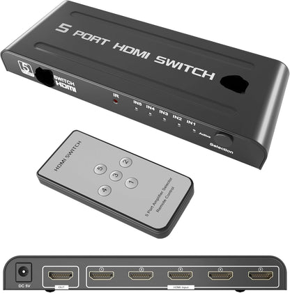 HDMI Switch 5 in 1 Out with Push Button, IR Remote & Power Adapter – 5 Port HDMI Switcher Selector Box with Amplifier, HDCP, DTS Dolby 7.1 Audio Support