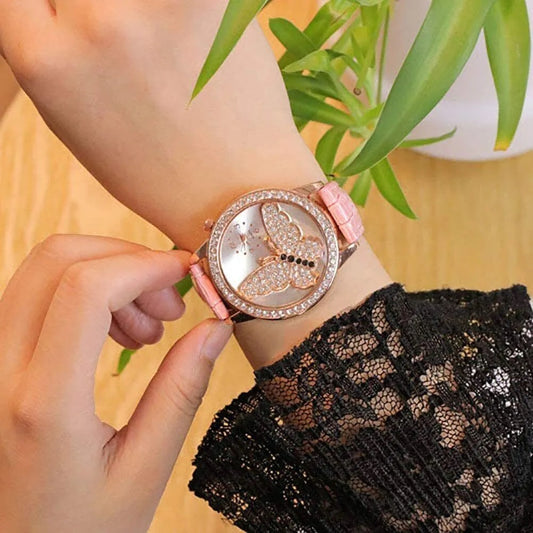Round Butterfly Rhinestone Faux Leather Band Analog Women Quartz Wristwatch