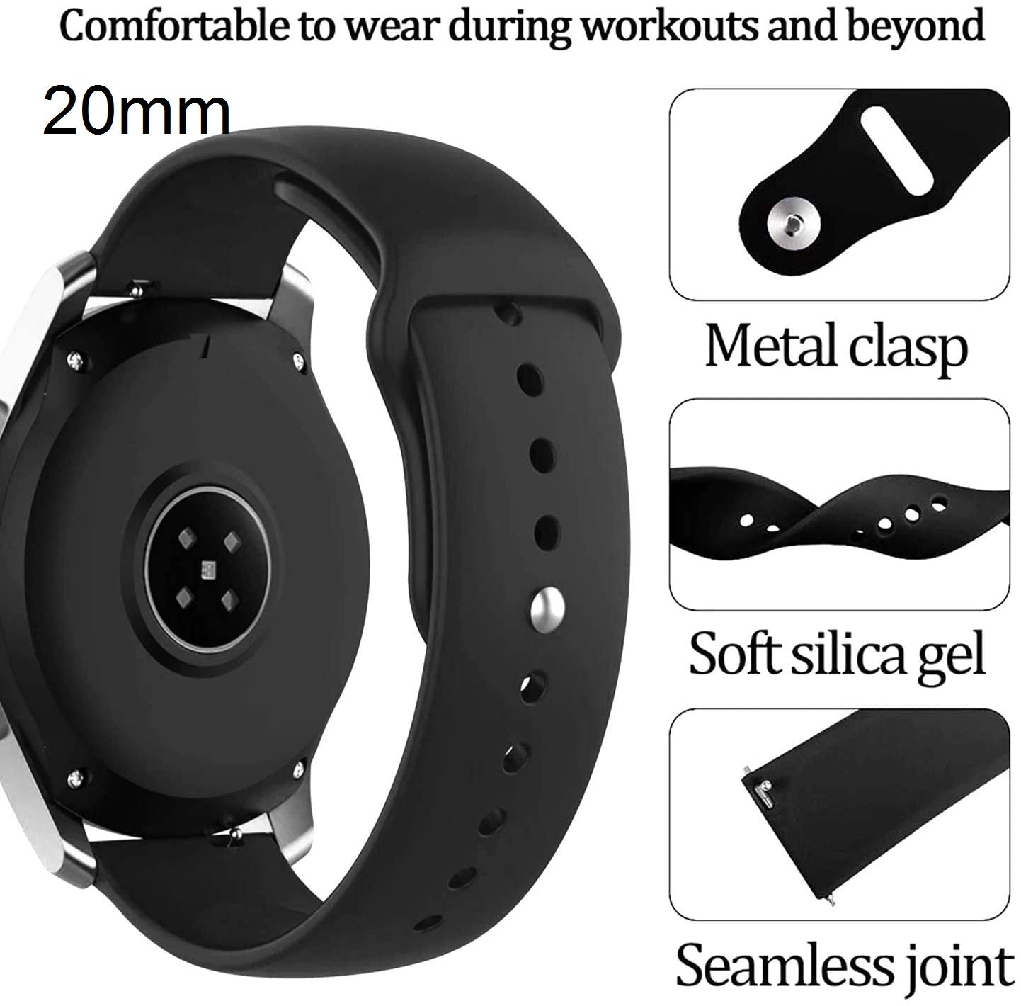Soft Silicone Watch Band Strap & Rust Free Button Compatible With (ONLY 20mm Lugs Size) Noise X-Fit 1,Amazfit GTS 2 Mini, Amazfit Bip,Amazfit GTS,Galaxy Watch Active 2(44MM)