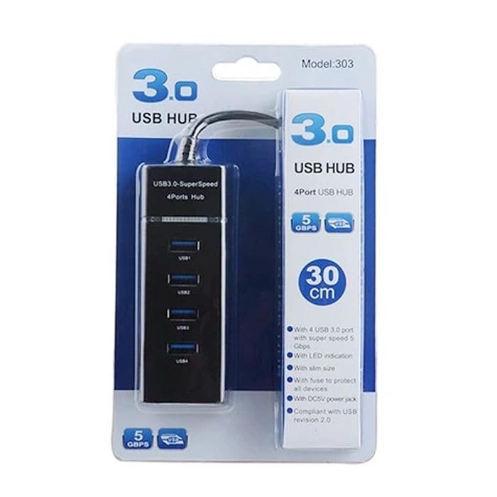 USB 3.0 Hub, 4 Port SuperSpeed, High-Speed Multiport Adapter with 30cm Cable, Black