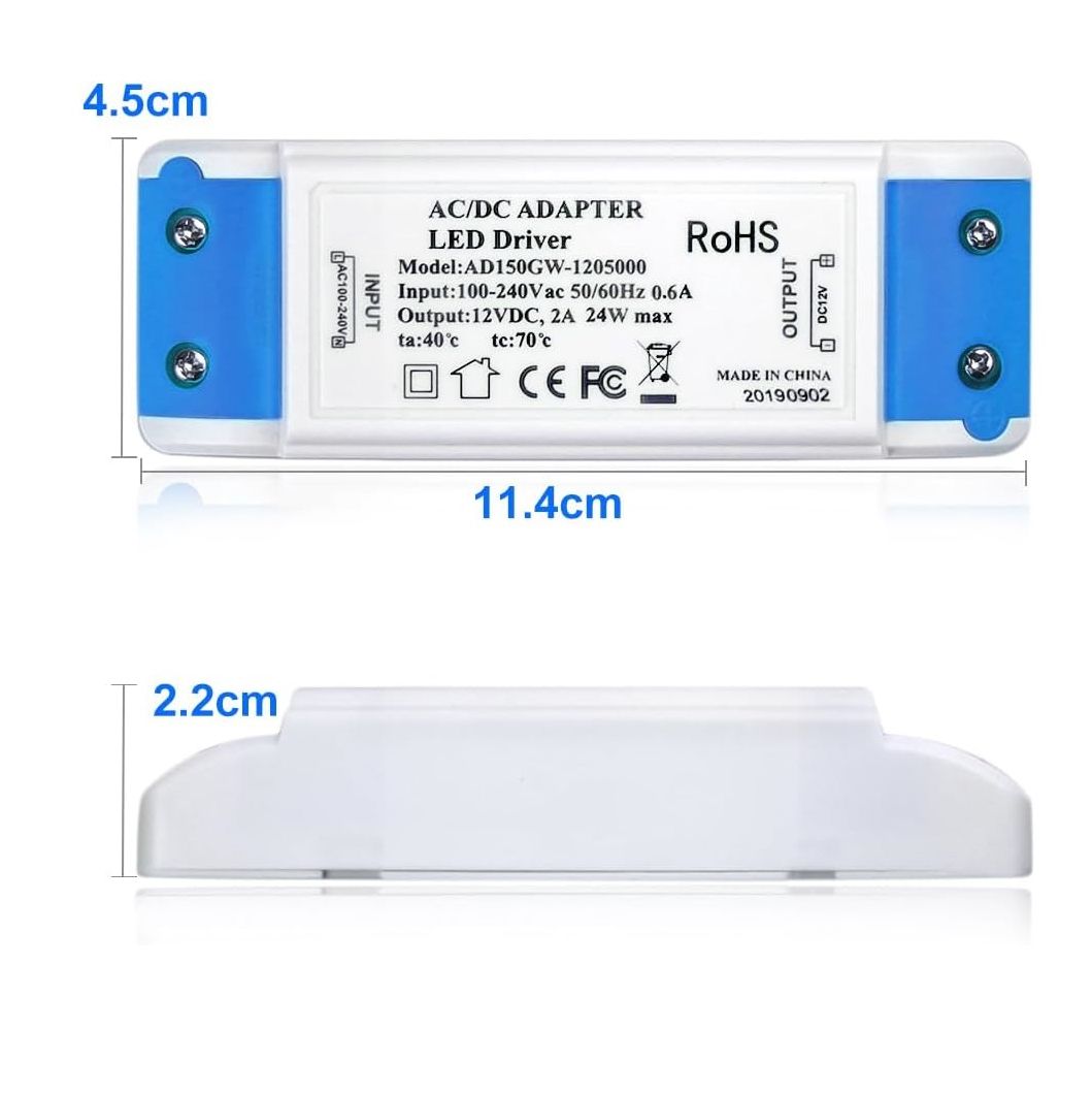 LED Transformer 24W 12V DC Power Supply Adapter – 240V AC to 12V DC 2A LED Driver for LED Strip Lights, Cabinet Lights, MR11/MR16 Bulbs & Ring Doorbell