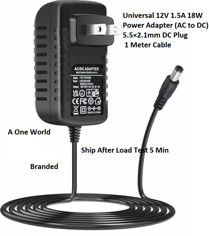 Universal 12V 1.5A 18 W Original Adapter 5.5mm*2.1mm DC Pin Supply Power Cord Cable 1 Meter AC to DC 12v 1500ma Energy Saver for Modem Light Camera Universal LCD etc.