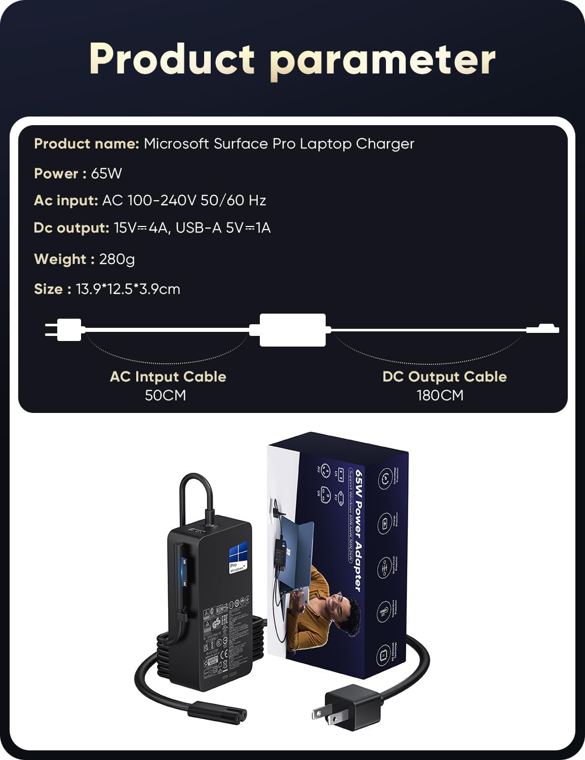 ⚡ Surface Pro Charger 65W (15V 4A) – Original Branded  Fast Power Supply Adapter | Compatible with Surface Pro 3 / 4 / 5 / 6 / 7 / 7+ / Surface Laptop / Surface Book | Magnetic Connector | Black