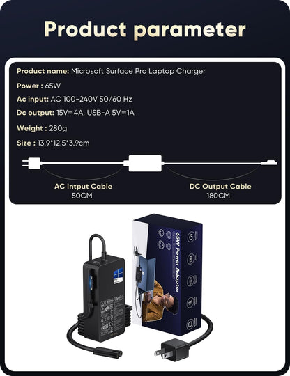 ⚡ Surface Pro Charger 65W (15V 4A) – Original Branded  Fast Power Supply Adapter | Compatible with Surface Pro 3 / 4 / 5 / 6 / 7 / 7+ / Surface Laptop / Surface Book | Magnetic Connector | Black