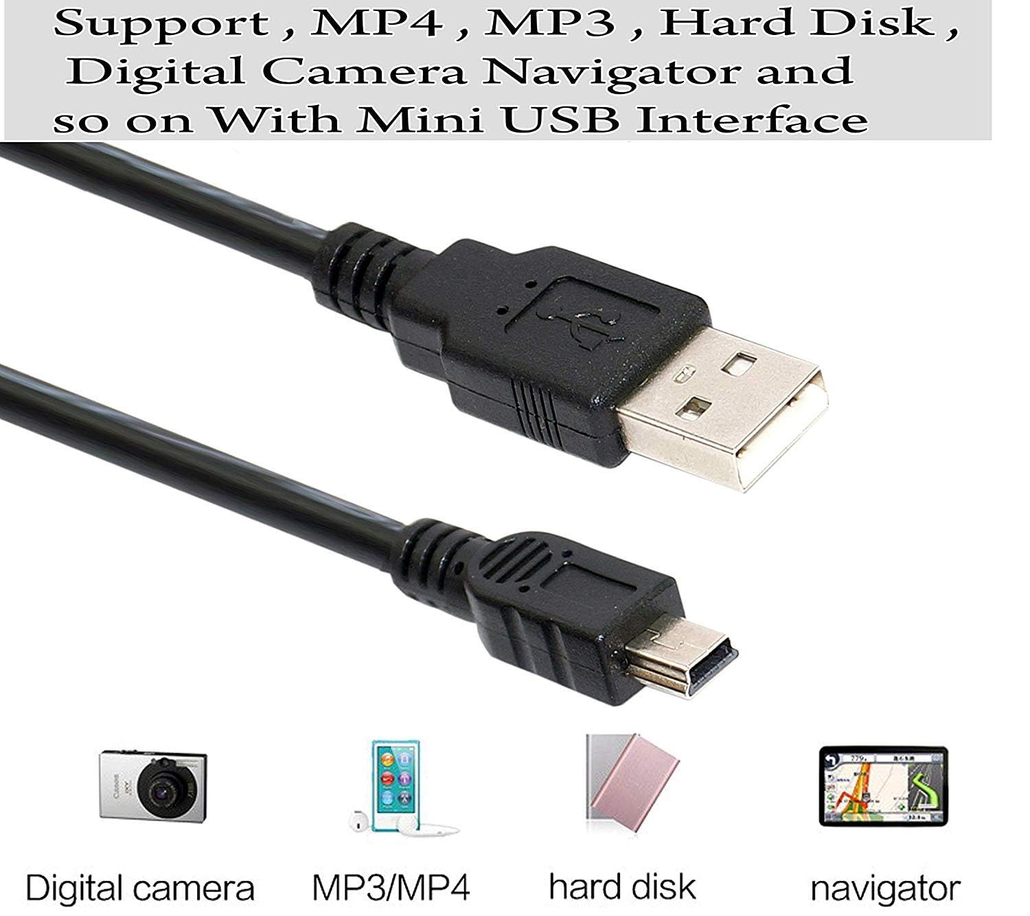 USB 2.0 Cable – A-Male to Mini-B (V3) High-Speed Data & Charging Cable for Cameras, MP3 Players, Dash Cams, GPS Devices, External Hard Disks – Durable & Reliable – Black