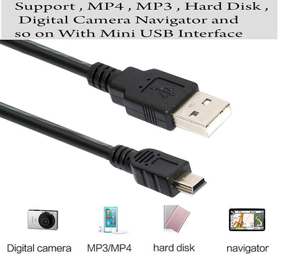 USB 2.0 Cable – A-Male to Mini-B (V3) High-Speed Data & Charging Cable for Cameras, MP3 Players, Dash Cams, GPS Devices, External Hard Disks – Durable & Reliable – Black