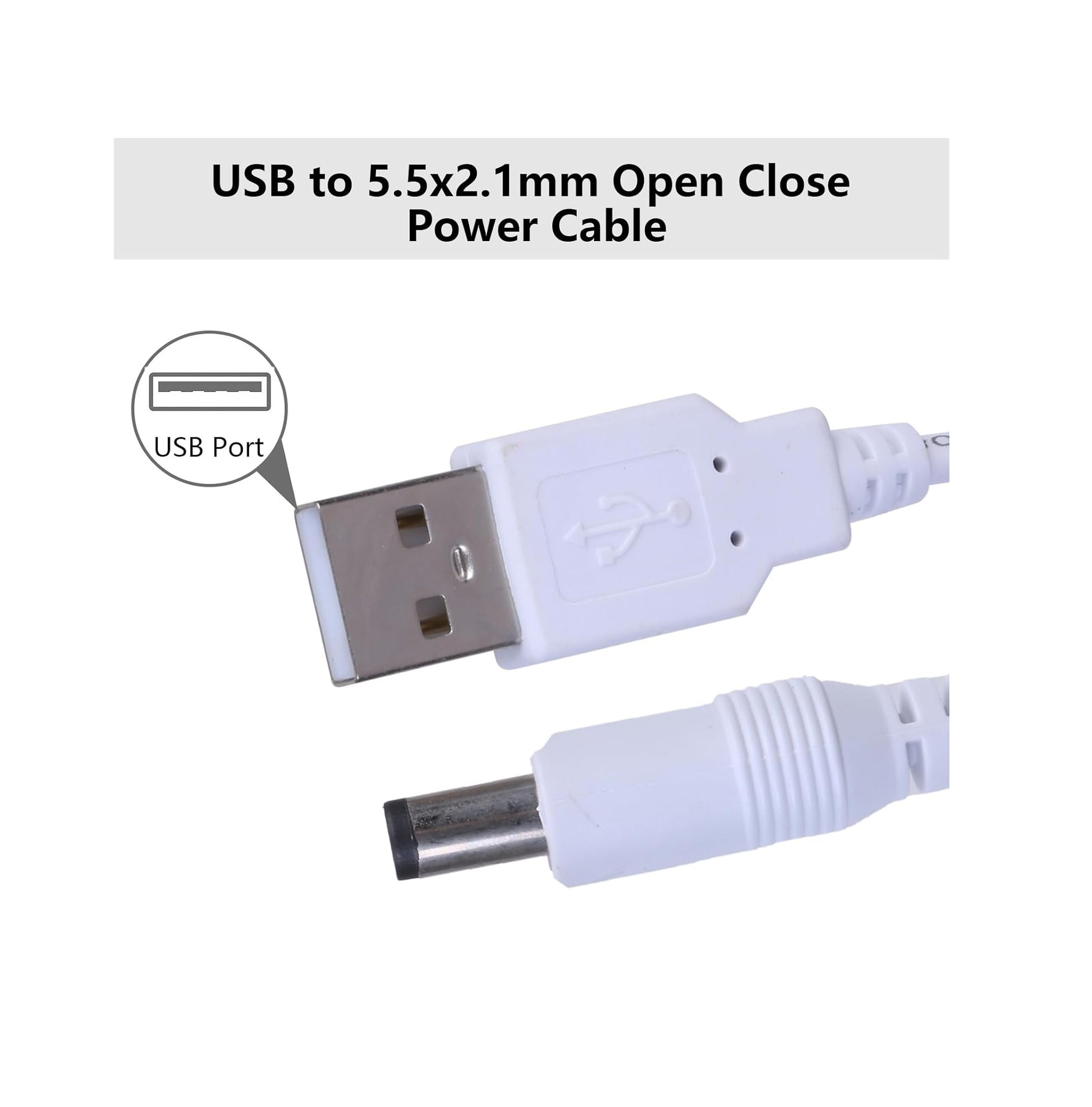 3.5 Meter USB to DC Male Power Cable 5V – USB to 5.5 x 2.1mm DC Plug Charging Converter Cable for Routers, Keyboards & Electronic Devices – White
