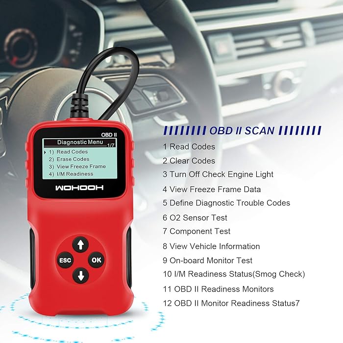 WOHOOH Universal OBD2 Scanner Engine Fault Reader, Read Clear Codes with LCD Display, View Freeze Frame Data, I/M Readiness Smog Check CAN Diagnostic Scan Tool,