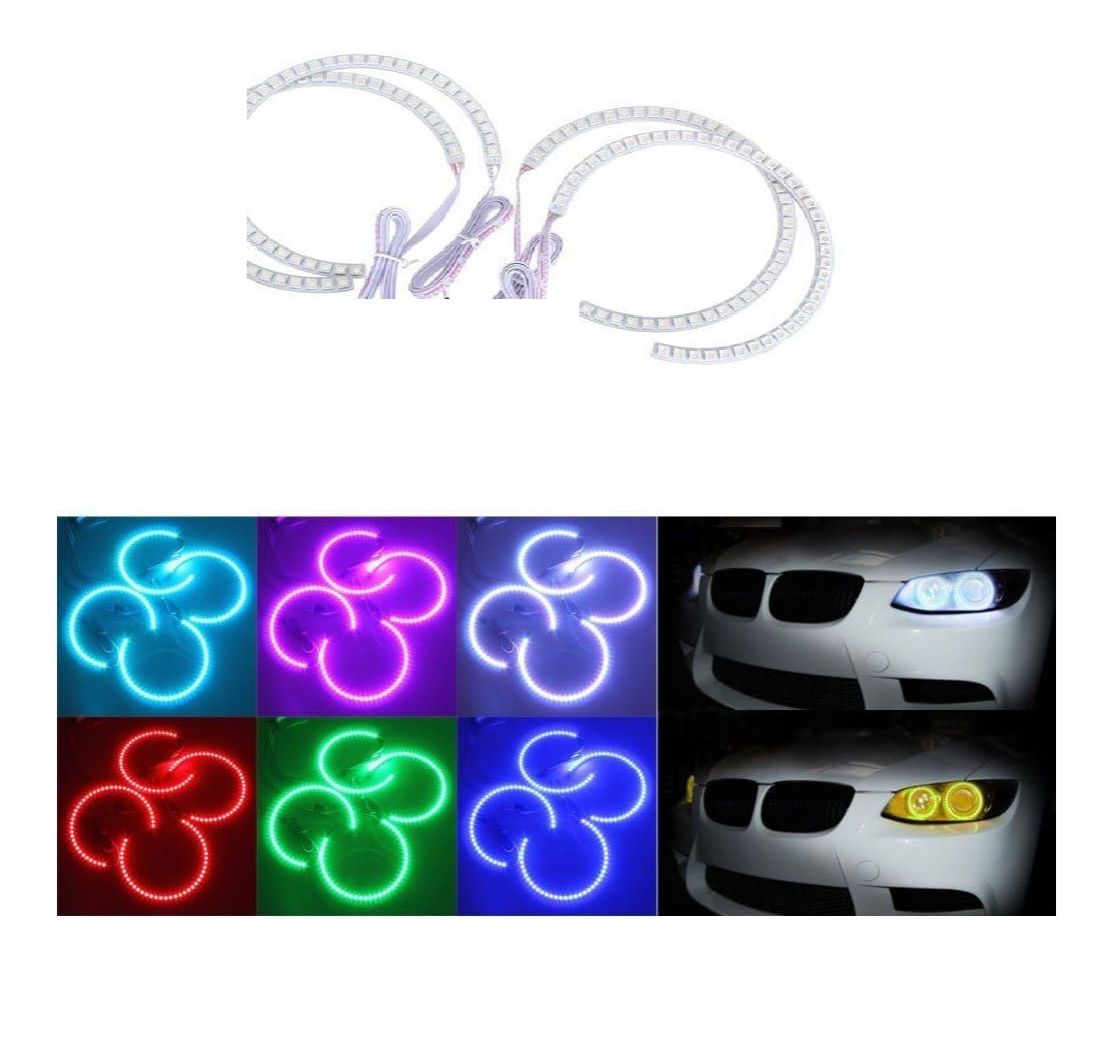 4 PCS 131MM RGB LED Angel Eye Halo Rings for BMW E46 E38 E39 3/5/7 Series – 5050 SMD Multi-Color Headlight Kit with IR Remote Control (16 Colors)