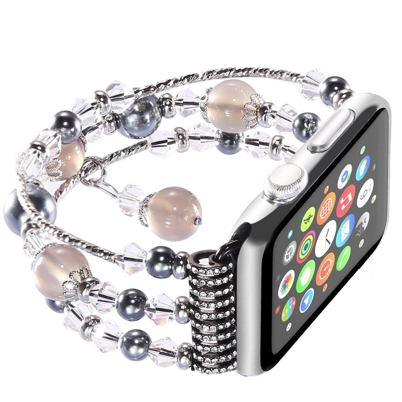 new fashion I Watch Band, Fashion Handmade Elastic Stretch Faux Pearl Bracelet Replacement Women Girls iWatch Bands Strap for I Watch Series 3/2 / 1 38mm -  Black Gray