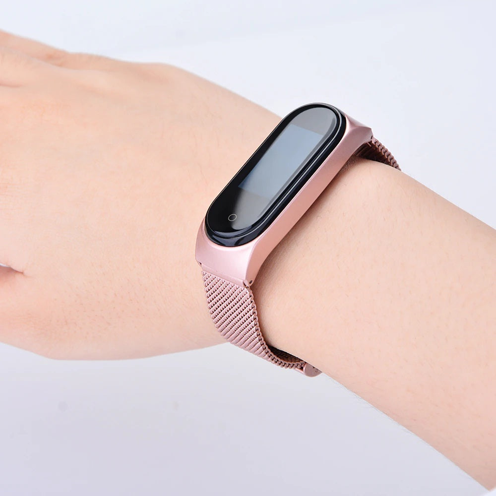 Strap Belt For Xiaomi Mi Band 3/4 Universal Metal Stainless Steel Buckle Milanese Watch Band(Rose Pink)