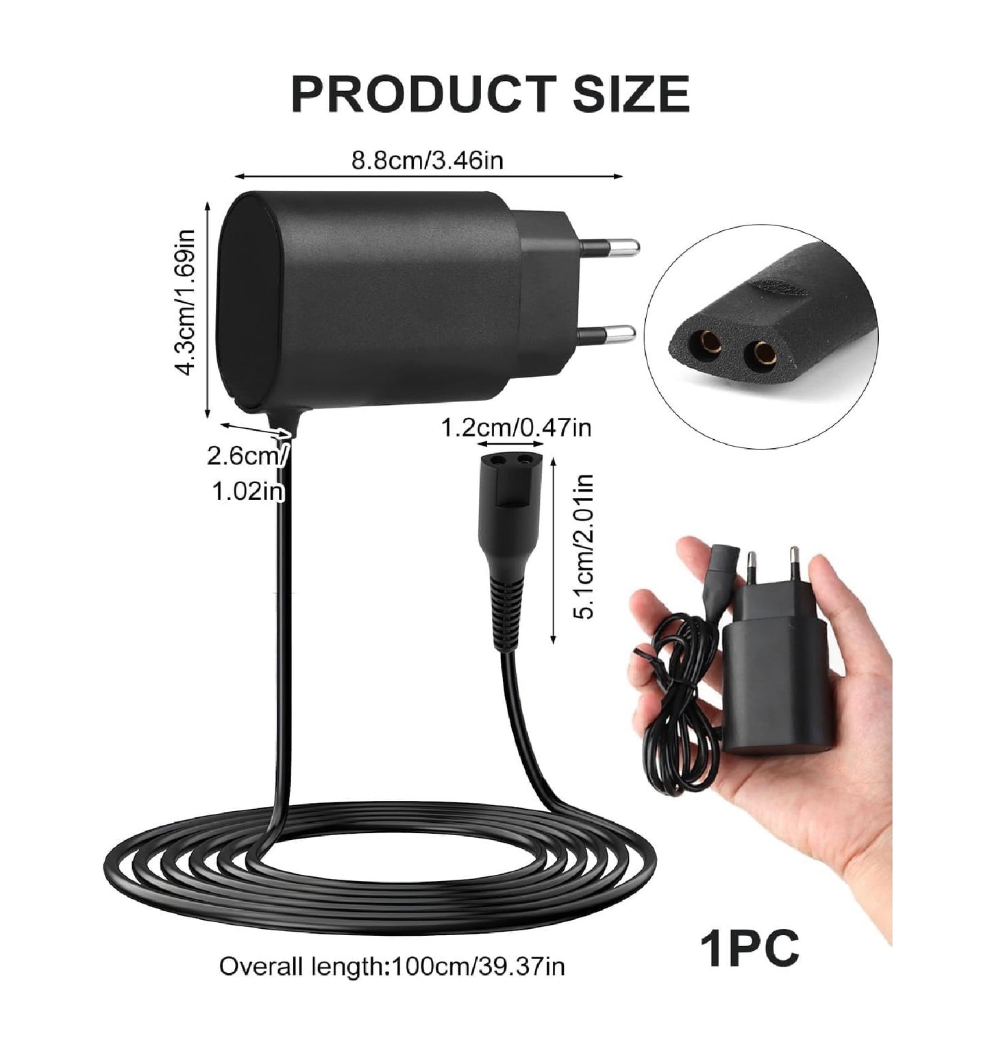 12V 0.4A Replacement Charger for Electric Shaver & Trimmer Series 9/8/7/6/5/4/3/2/1 | Smart Plug Charging Cable