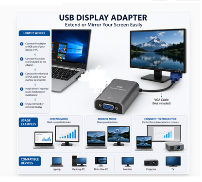 Branded USB 2.0 to VGA Female Display Adapter Converter for PC Laptop Monitor Projector