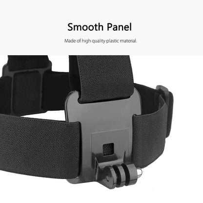 Black headband with a smooth panel and plastic material, featuring a GoPro mount.