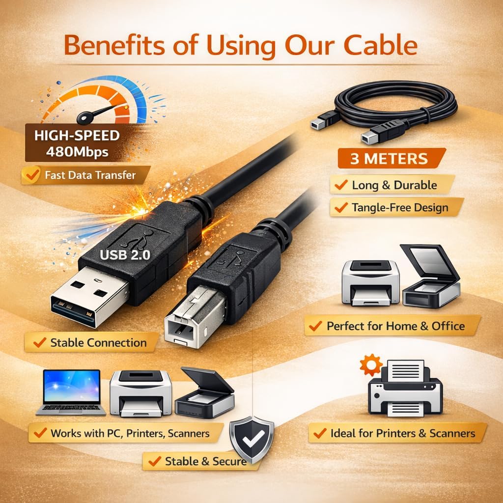 USB 2.0 Printer Cable A to B 3 Meter – High Speed 24AWG Copper Lead for Printer, Scanner & Fax | Durable USB Type A to Type B Connector (Black)