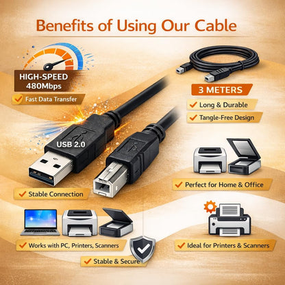 USB 2.0 Printer Cable A to B 3 Meter – High Speed 24AWG Copper Lead for Printer, Scanner & Fax | Durable USB Type A to Type B Connector (Black)