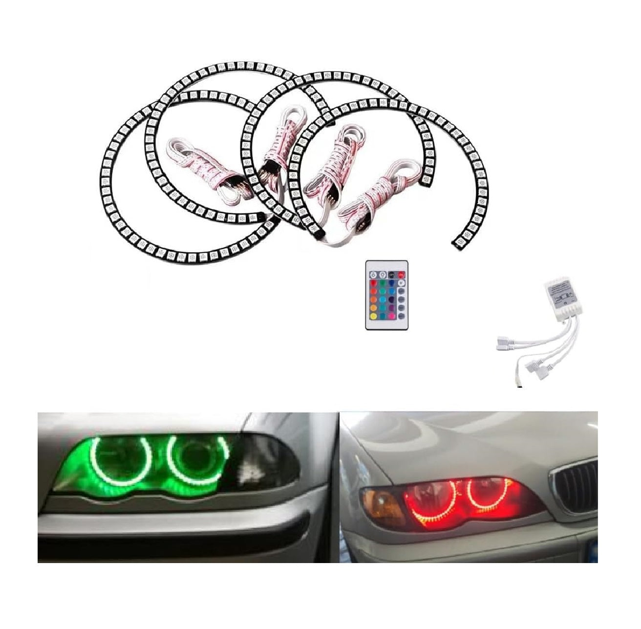 4 PCS 131MM RGB LED Angel Eye Halo Rings for BMW E46 E38 E39 3/5/7 Series – 5050 SMD Multi-Color Headlight Kit with IR Remote Control (16 Colors)