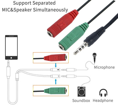 3.5mm Headphone & Mic Audio Y Splitter Cable – Dual Jack Adapter for PC/Laptop (Red/Green)