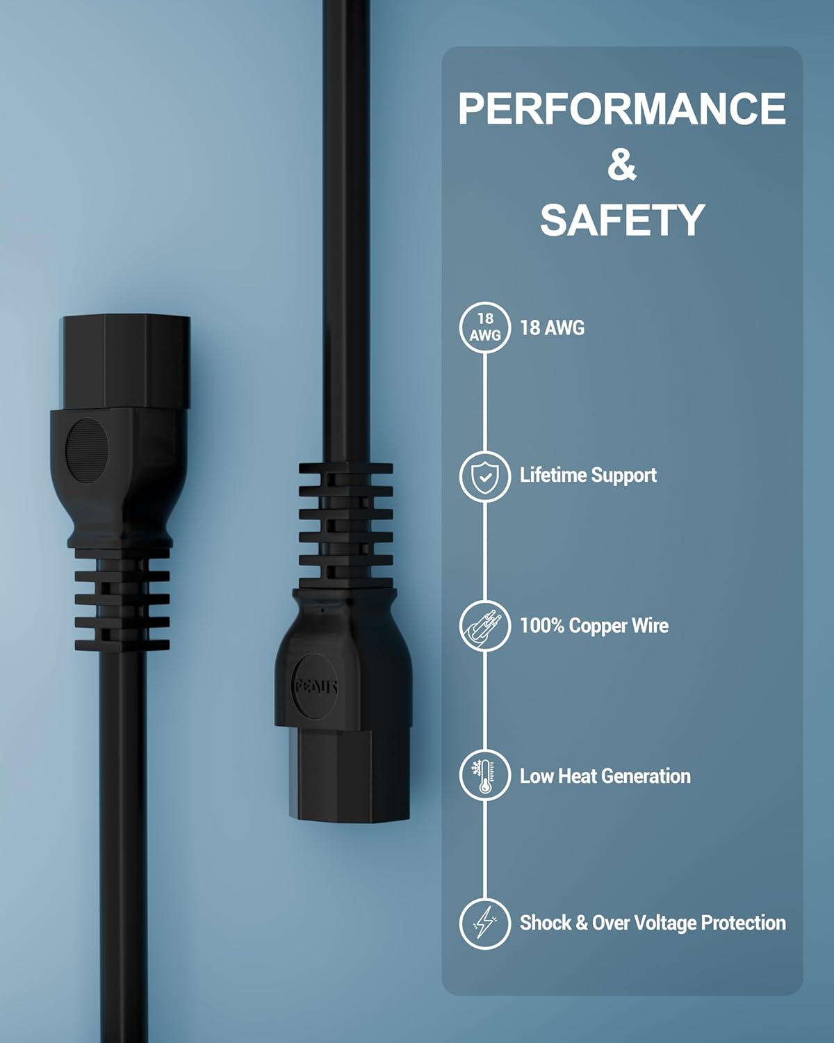 🔌 Male To Female Branded IEC C13 to C14 Link Power Cable – Heavy Gauge Power Extension Cord | 250V 10A | for Computer, Printer, SMPS, Monitor, Server, Display UPS - Heavy Gauge