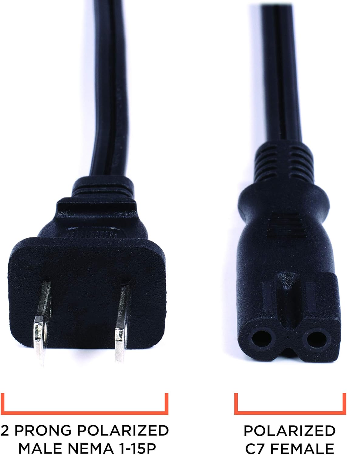 🔌 Polarized 2-Prong Power Cord – Copper Wire Core  NEMA 1-15P to C7 / C8 (IEC320) | Square / Round | UL Listed | Black