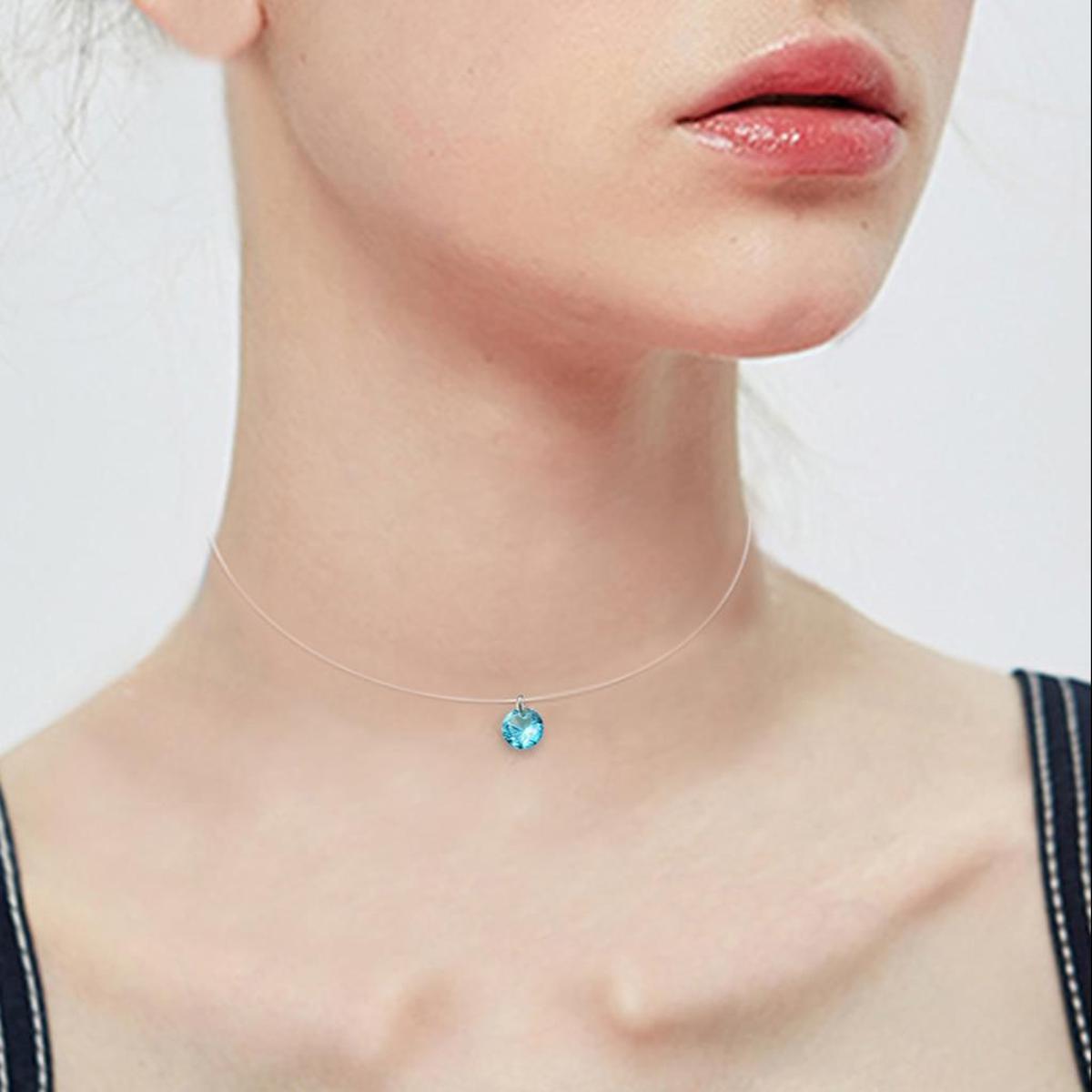 Zircon Sky Blue Pendant Necklace – 8mm Transparent Fishing Line Chain – Elegant Fashion Jewelry Gift for Women