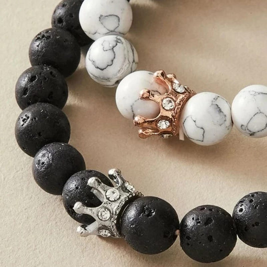 2pice Kirykle 8mm Black White Natural Lava Stone Rhinestone Decor Crown Bracelet Beads Bracelets for Men Women Couples Jewelry Gift