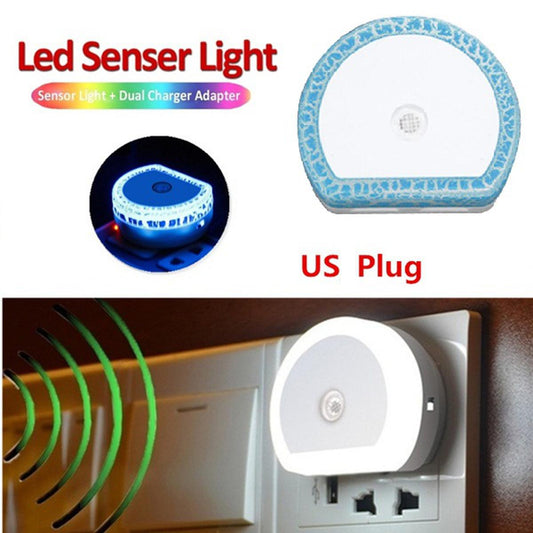 HTV-777 Plug in Night Light with Auto Dusk to Dawn Sensor and Dual Port USB Charger Perfect for Baby Room Bedroom Hallway Living Room(White With Blue Shade)