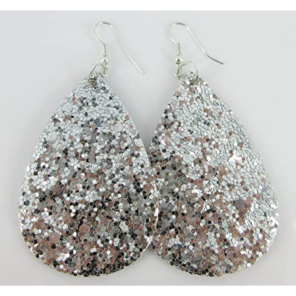 Silver-tone Glitter Faux Leather Large Teardrop Dangle Earrings (Silver)