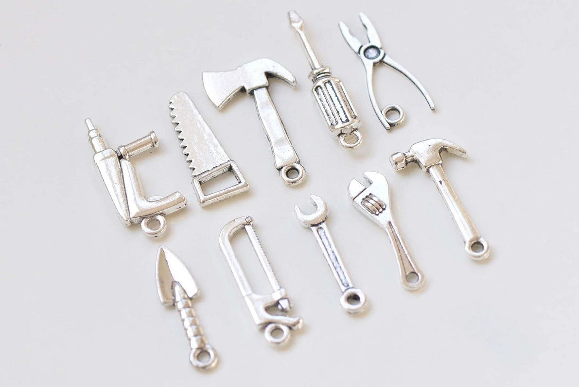 10 Pcs Metal Axe Spanner Saw Electric Drill Shovel Screwdriver Wrench Hammer Pliers Antique Silver Tool  A One Gift Collection